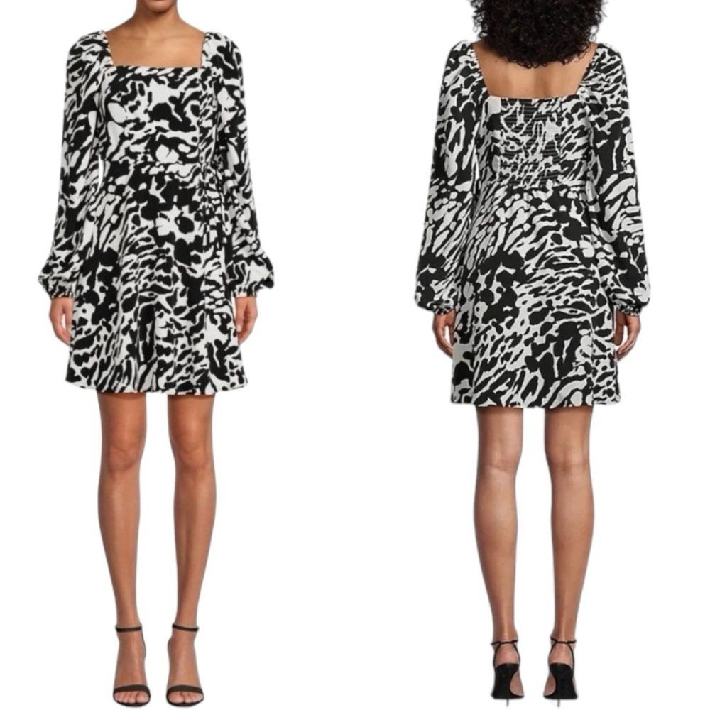 NWT Karl Lagerfeld dress black white flare faux wrap shirred back Sz 8
